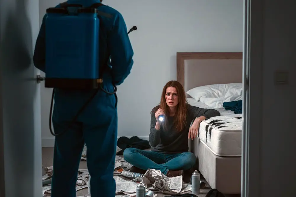 Kvinde leder efter væggelus mens skadedyrsbekæmper kigger på