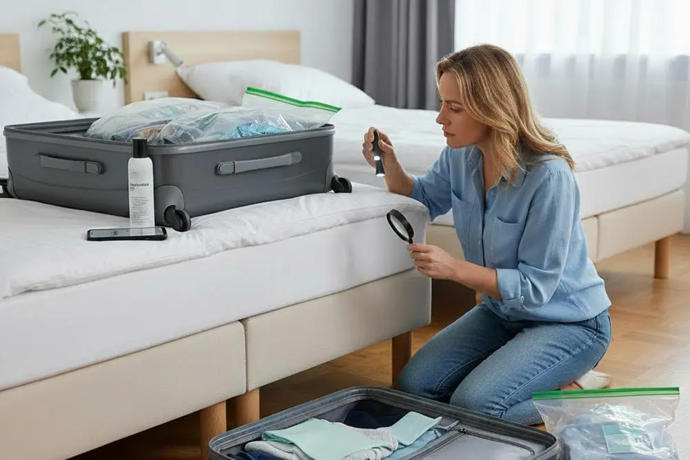 billede af kvinde som undersøger kuffert for væggelus 